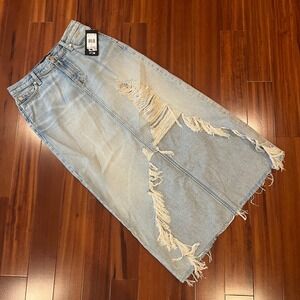 7 For All Mankind Maxi Skirt Distressed Denim Light Wash Italian Fabric New 26